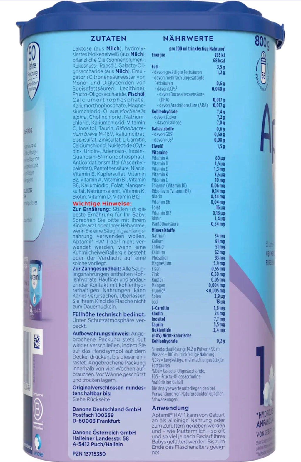 Aptamil 1 Anfangsmilch (ab Geburt) – Deutsche Original-Babynahrung 800 g